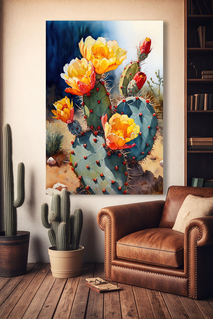 Flower Prickly Pear Cactus Sunset Art Print Watercolor Botanical Desert Wall Art Nature Inspired Sonoran Art Southwest Western Decor