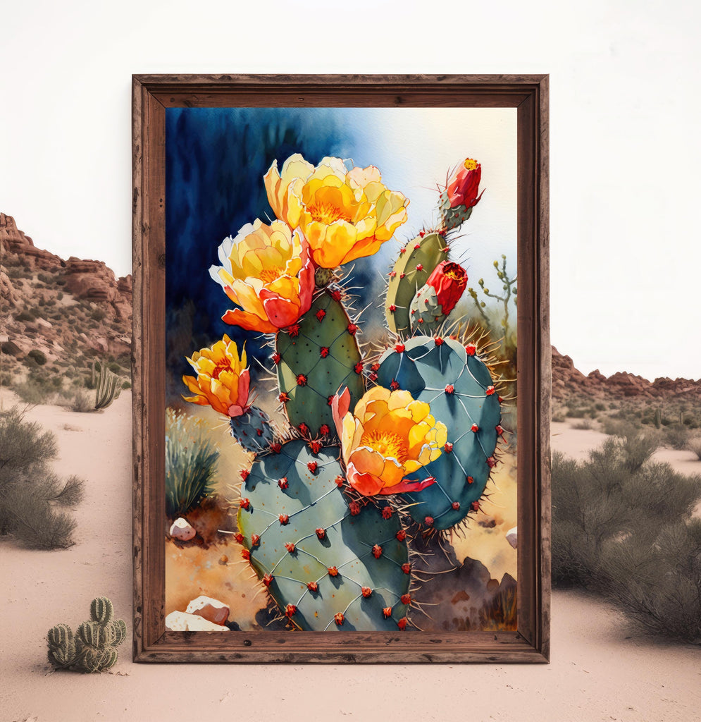 Flower Prickly Pear Cactus Sunset Art Print Watercolor Botanical Desert Wall Art Nature Inspired Sonoran Art Southwest Western Decor