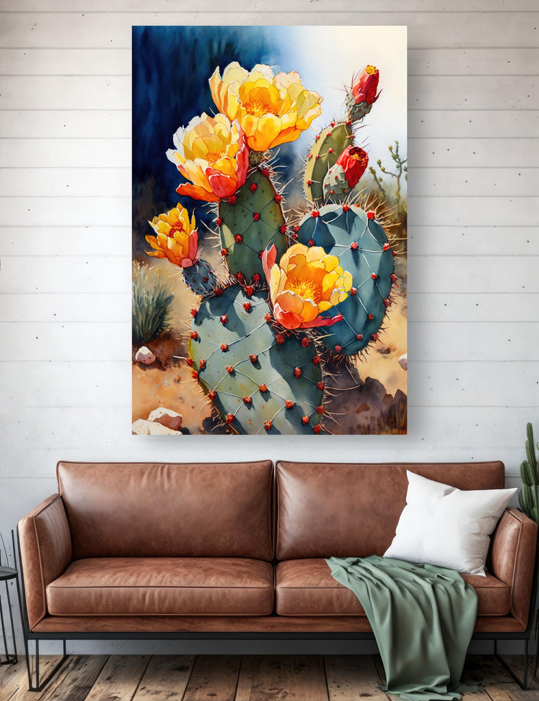 Flower Prickly Pear Cactus Sunset Art Print Watercolor Botanical Desert Wall Art Nature Inspired Sonoran Art Southwest Western Decor