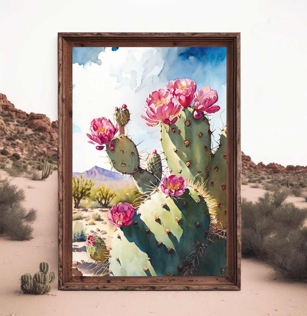 Flower Prickly Pear Cactus Sunset Art Print Watercolor Botanical Desert Wall Art Nature Inspired Sonoran Art Southwest Western Decor