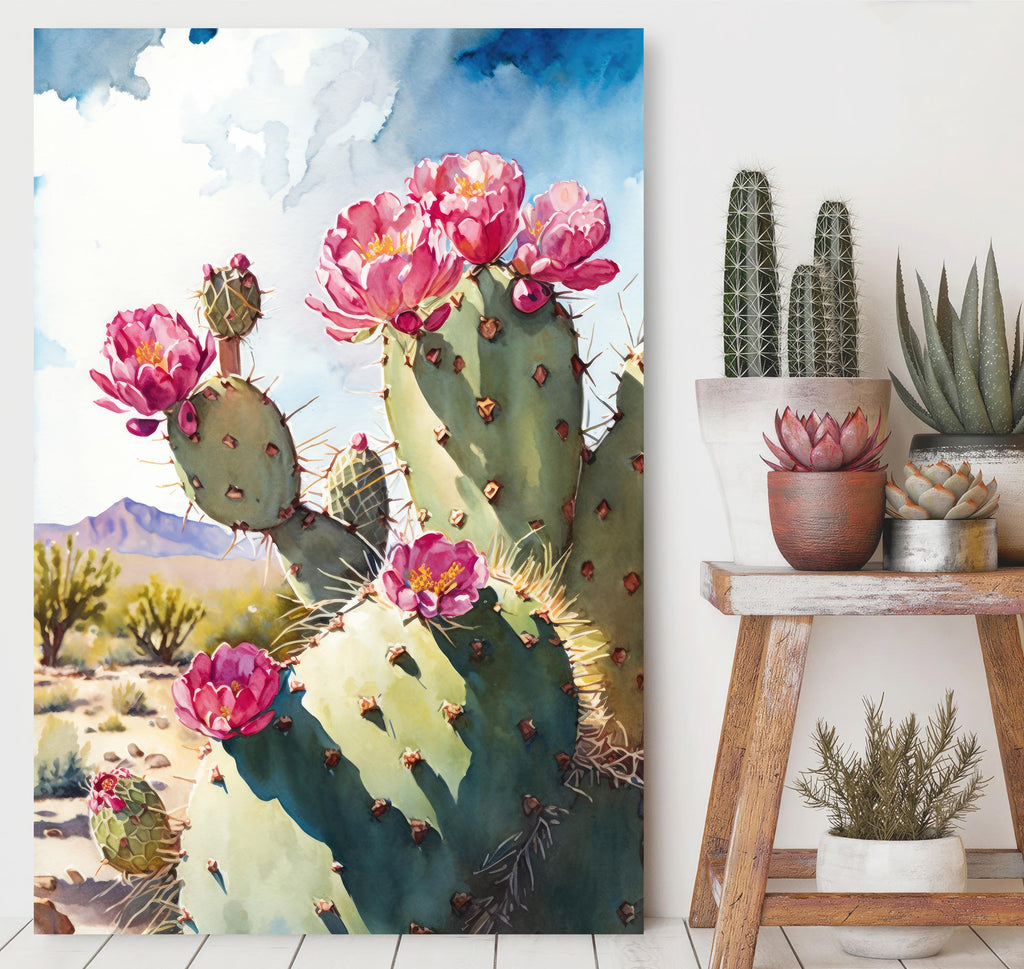 Flower Prickly Pear Cactus Sunset Art Print Watercolor Botanical Desert Wall Art Nature Inspired Sonoran Art Southwest Western Decor