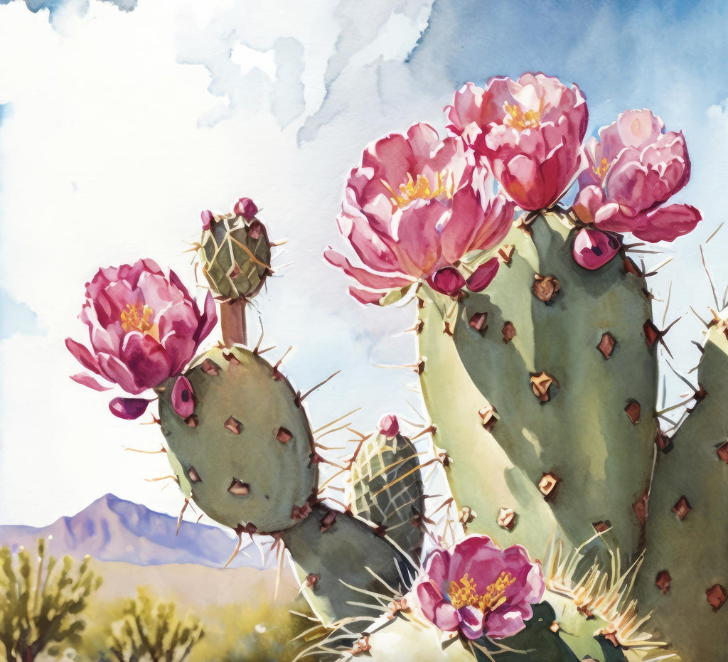 Flower Prickly Pear Cactus Sunset Art Print Watercolor Botanical Desert Wall Art Nature Inspired Sonoran Art Southwest Western Decor