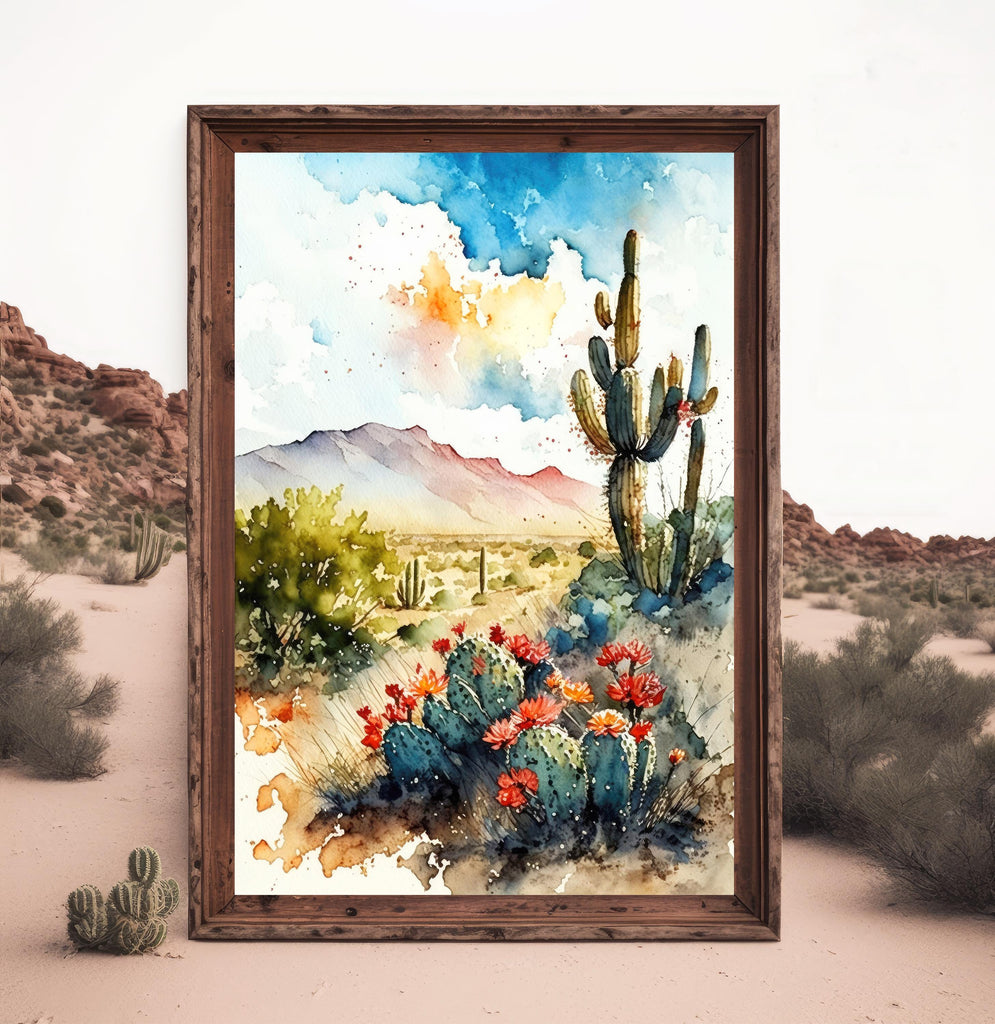 Arizona Cactus Flowers Wall Art Print Desert Landscape Painting Nature Inspired Boho Wall Decor Gift Sonoran Art Southwest Decor