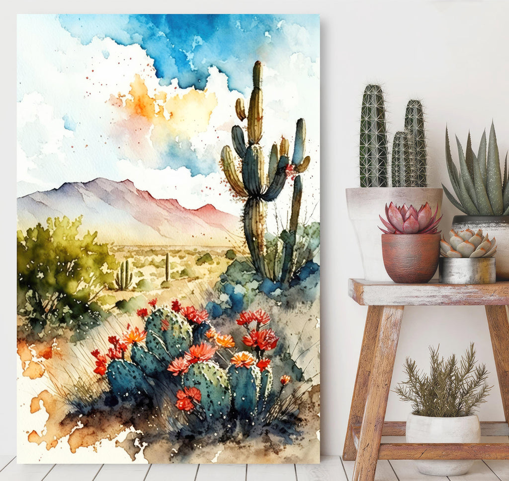 Arizona Cactus Flowers Wall Art Print Desert Landscape Painting Nature Inspired Boho Wall Decor Gift Sonoran Art Southwest Decor