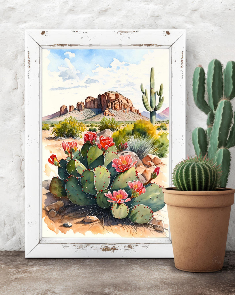 Arizona Cactus Flowers Wall Art Print Desert Landscape Painting Nature Inspired Boho Wall Decor Gift Sonoran Art Southwest Decor