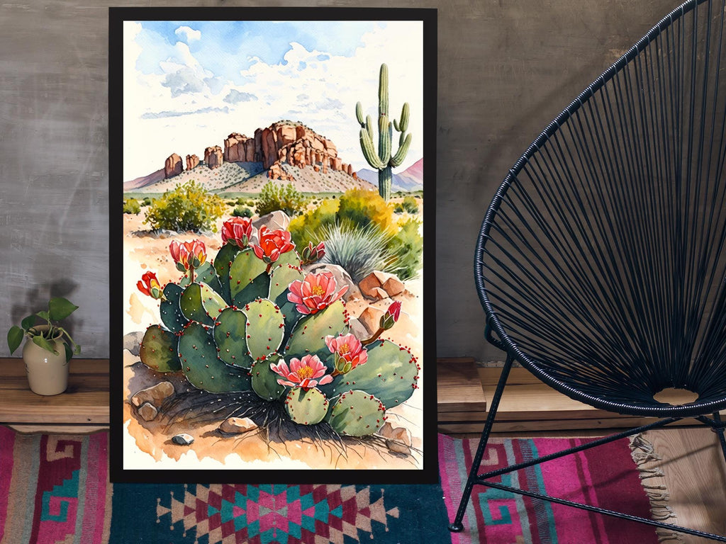 Arizona Cactus Flowers Wall Art Print Desert Landscape Painting Nature Inspired Boho Wall Decor Gift Sonoran Art Southwest Decor