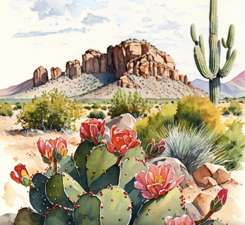 Arizona Cactus Flowers Wall Art Print Desert Landscape Painting Nature Inspired Boho Wall Decor Gift Sonoran Art Southwest Decor
