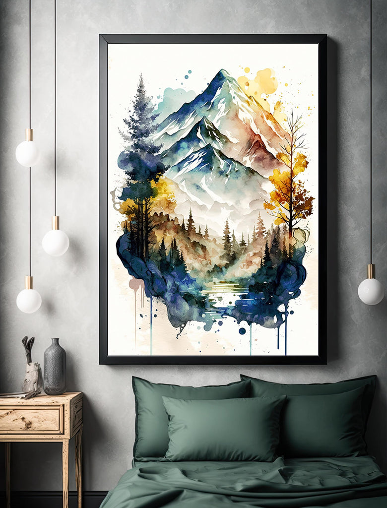 Forest Mountain Wall Art Landscape Cabin Decor Painting Watercolor Print Outdoorsy Gifts Nature Inspired Woodland Nursery Cottagecore Decor