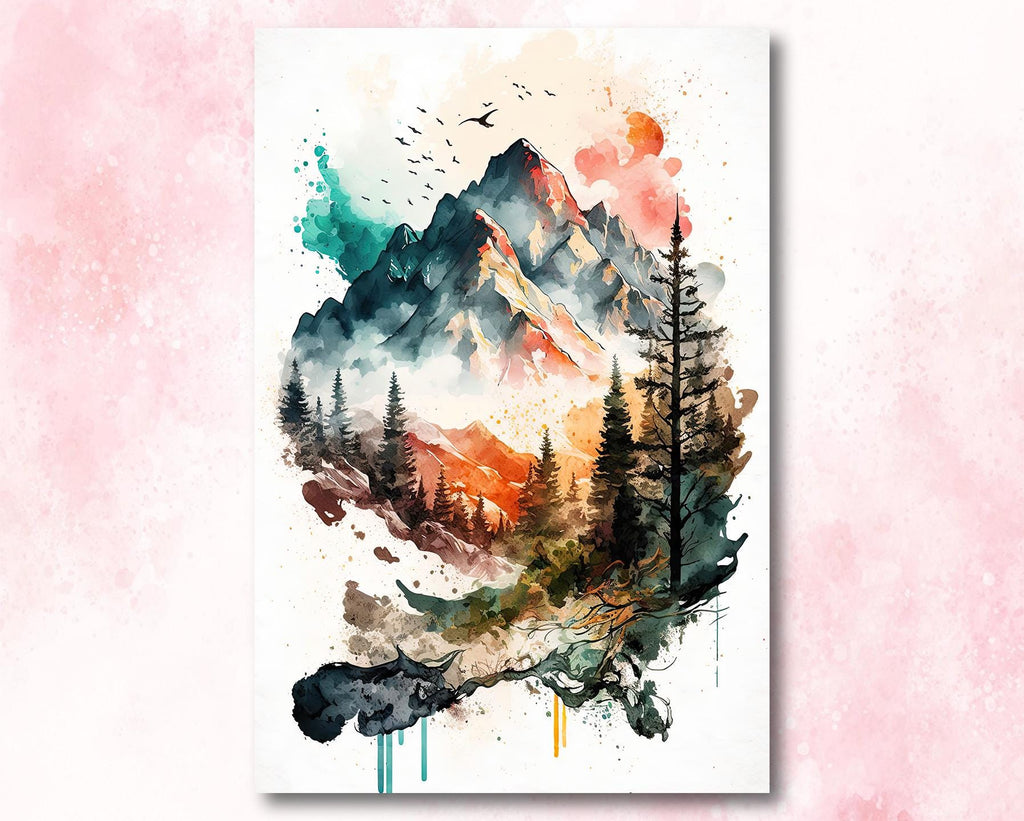 Forest Mountain Wall Art Landscape Cabin Decor Painting Watercolor Print Outdoorsy Gifts Nature Inspired Woodland Nursery Cottagecore Decor