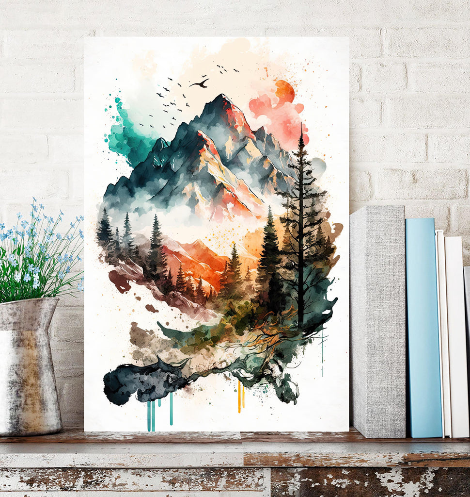 Forest Mountain Wall Art Landscape Cabin Decor Painting Watercolor Print Outdoorsy Gifts Nature Inspired Woodland Nursery Cottagecore Decor