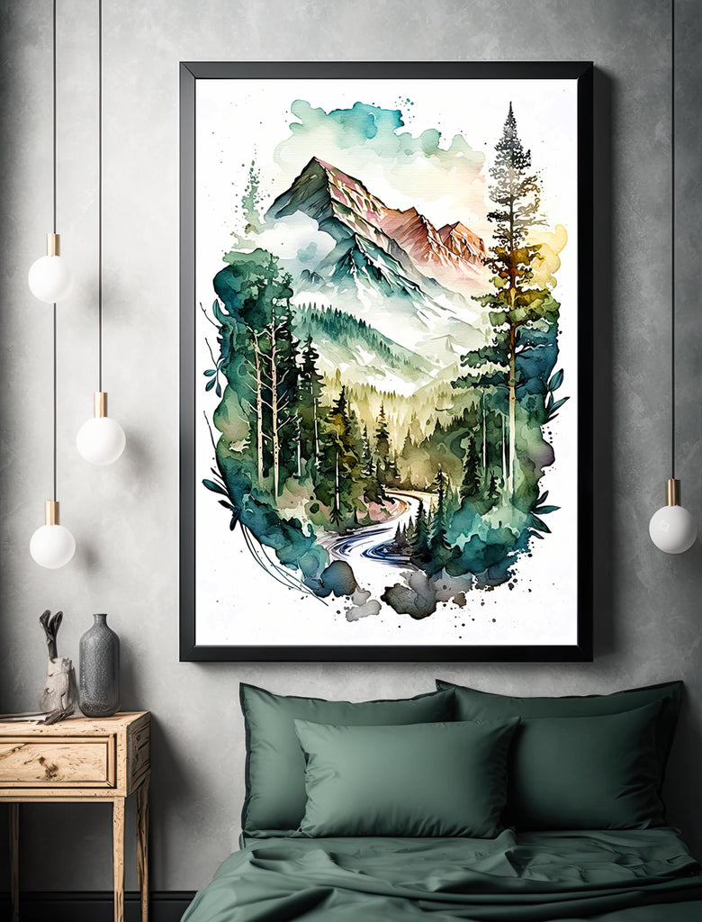 Forest Mountain Wall Art Landscape Cabin Decor Painting Watercolor Print Outdoorsy Gifts Nature Inspired Woodland Nursery Cottagecore Decor