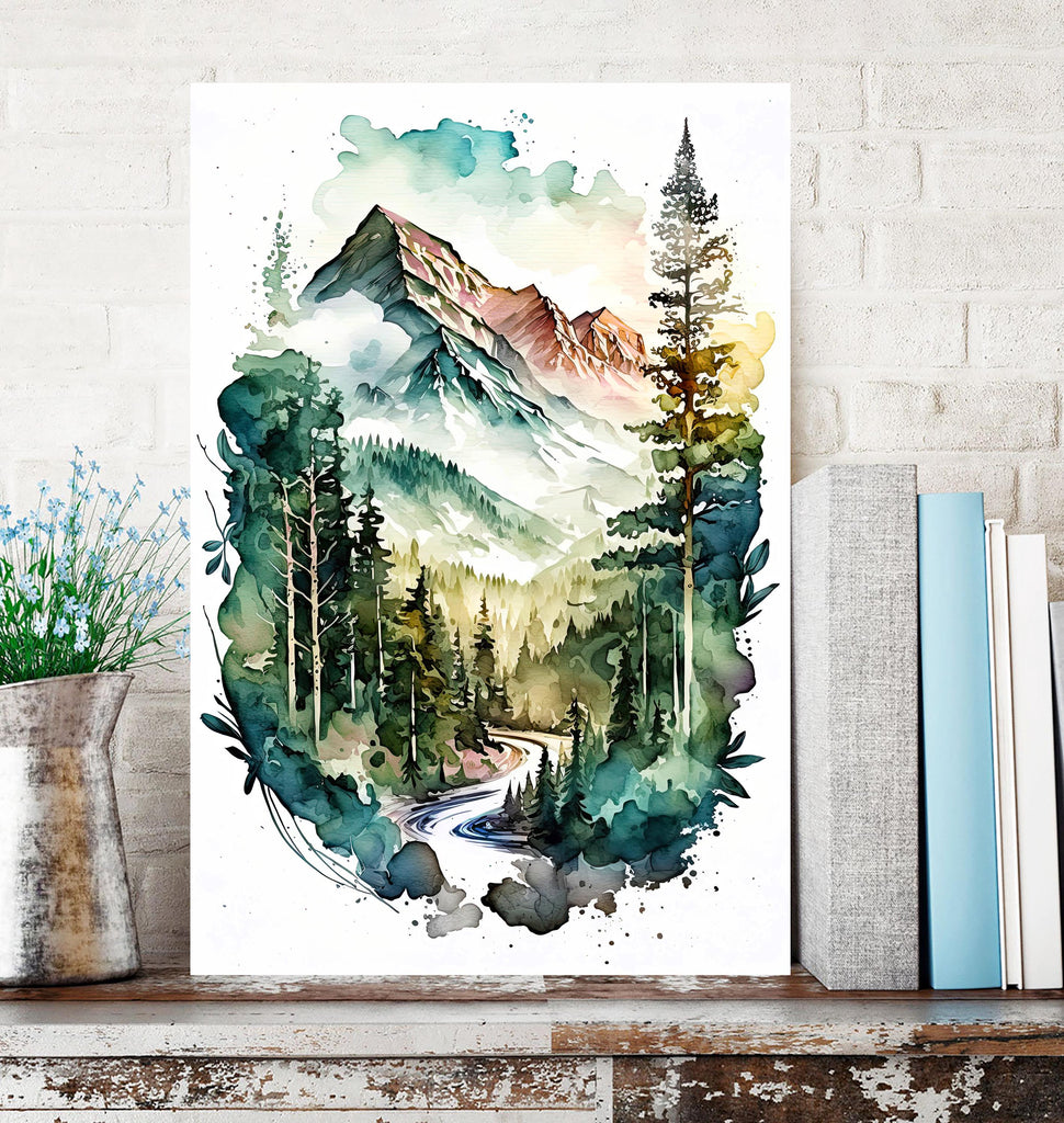 Forest Mountain Wall Art Landscape Cabin Decor Painting Watercolor Print Outdoorsy Gifts Nature Inspired Woodland Nursery Cottagecore Decor
