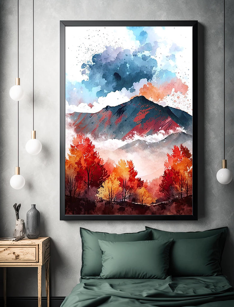 Autumn Forest Mountain Wall Art Cabin Decor Landscape Painting Fall Art Prints Outdoorsy Gifts Woodland Nursery Cottagecore Decor