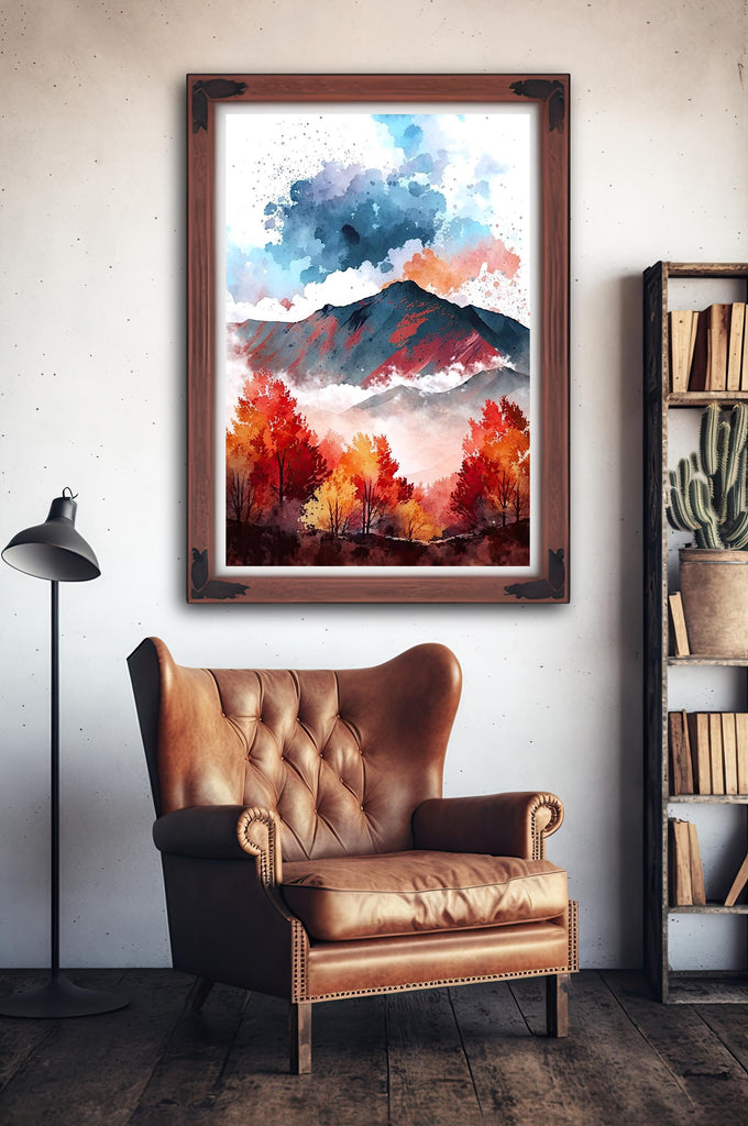 Autumn Forest Mountain Wall Art Cabin Decor Landscape Painting Fall Art Prints Outdoorsy Gifts Woodland Nursery Cottagecore Decor
