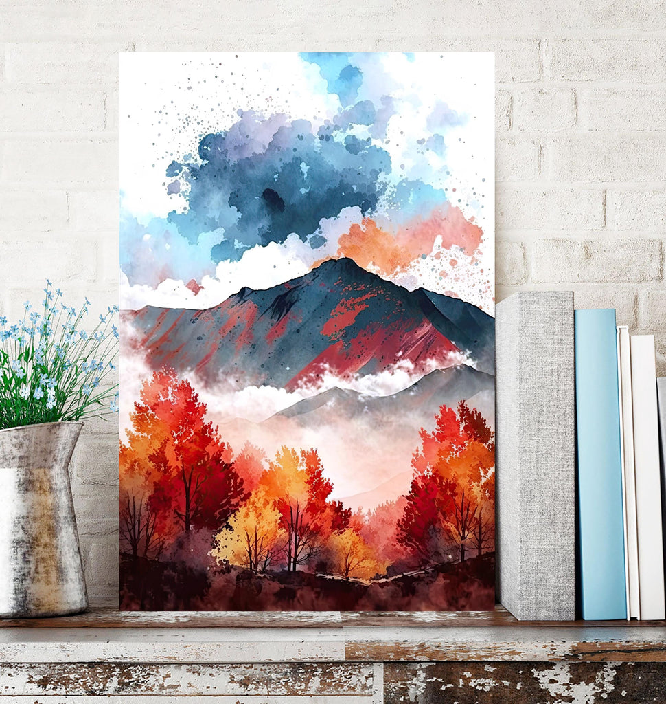 Autumn Forest Mountain Wall Art Cabin Decor Landscape Painting Fall Art Prints Outdoorsy Gifts Woodland Nursery Cottagecore Decor