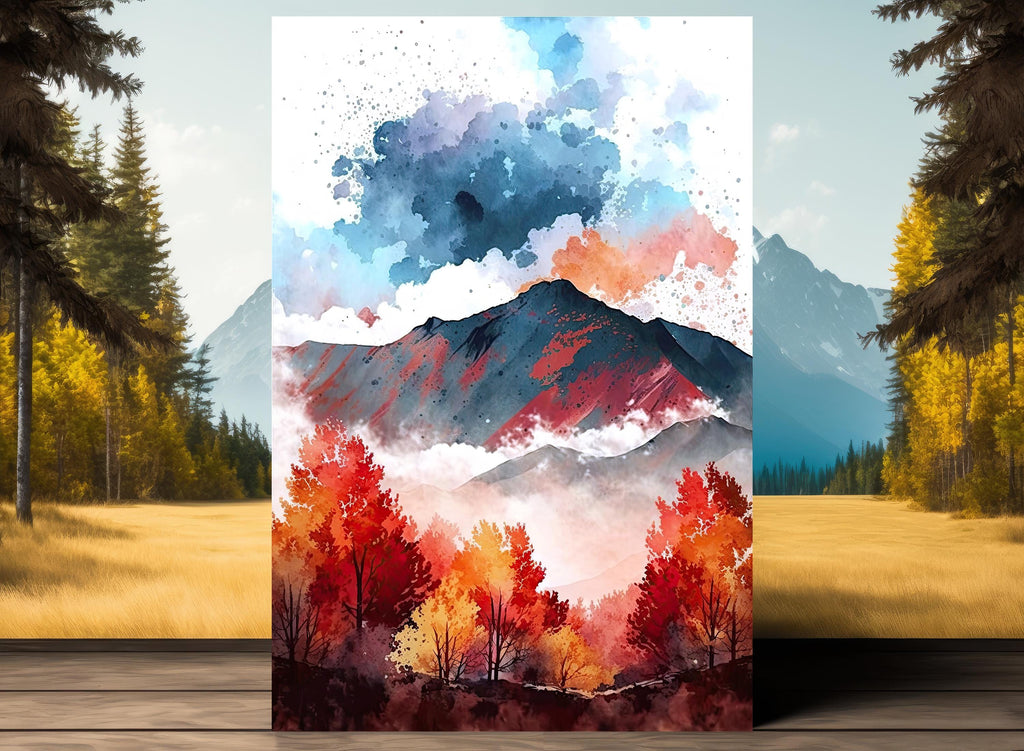 Autumn Forest Mountain Wall Art Cabin Decor Landscape Painting Fall Art Prints Outdoorsy Gifts Woodland Nursery Cottagecore Decor