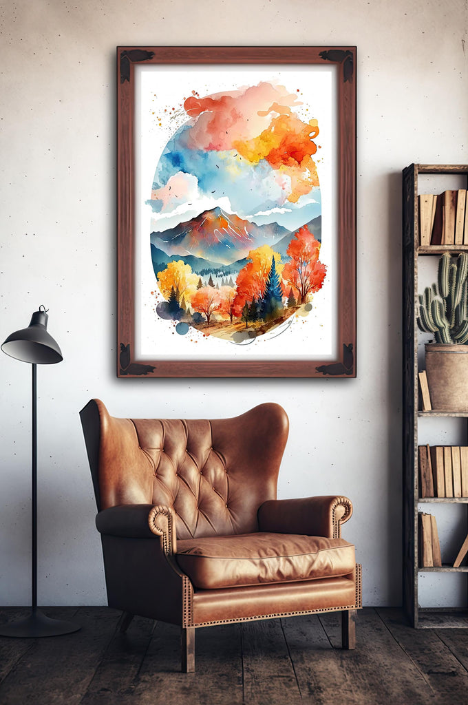 Autumn Forest Mountain Wall Art Cabin Decor Landscape Painting Fall Art Prints Outdoorsy Gifts Woodland Nursery Cottagecore Decor