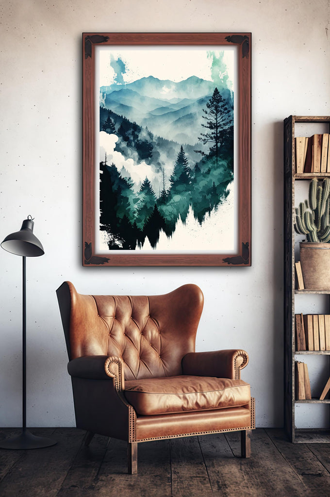 Watercolor Forest Landscape Sage Green Wall Art Painting Pine Tree Nature Landscape Gift Woodland Home Decor