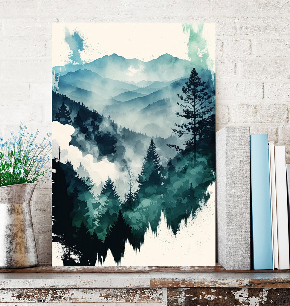 Watercolor Forest Landscape Sage Green Wall Art Painting Pine Tree Nature Landscape Gift Woodland Home Decor