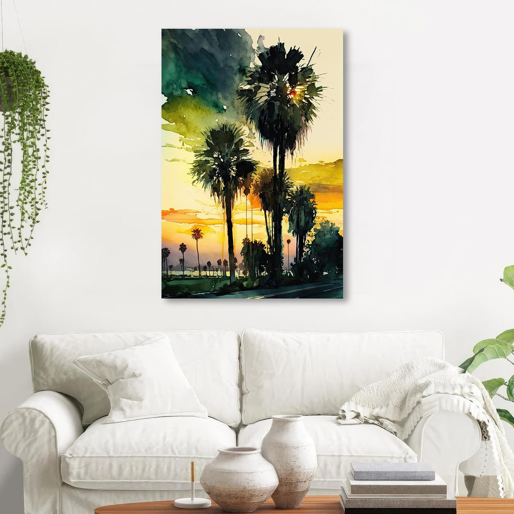 Palm Tree Sunset Art Print Watercolor Coastal Wall Art Nature Inspired Gift Tropical Beach House Home Decor
