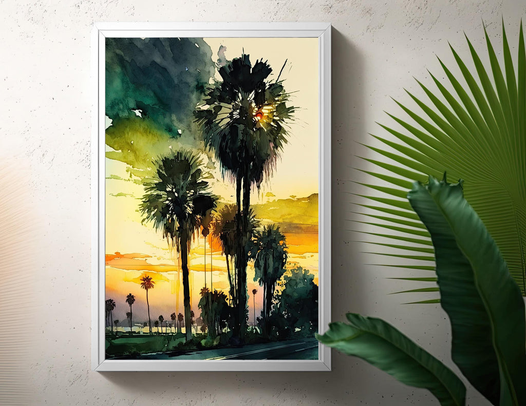 Palm Tree Sunset Art Print Watercolor Coastal Wall Art Nature Inspired Gift Tropical Beach House Home Decor