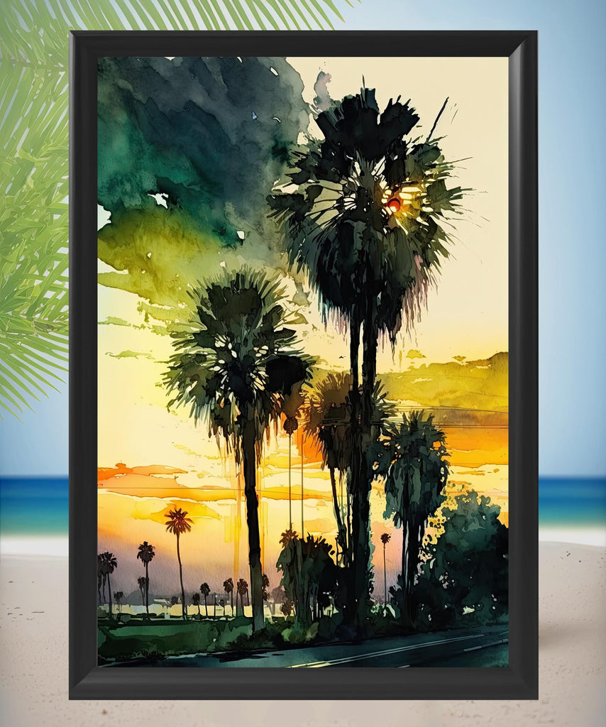 Palm Tree Sunset Art Print Watercolor Coastal Wall Art Nature Inspired Gift Tropical Beach House Home Decor