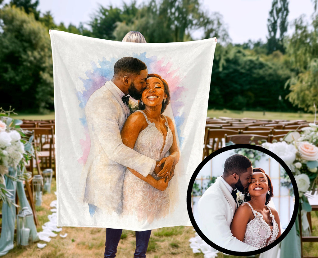 Personalized Wedding Blanket Watercolor Portrait, Custom Bride and Groom Throw, Romantic Anniversary Gift Keepsake