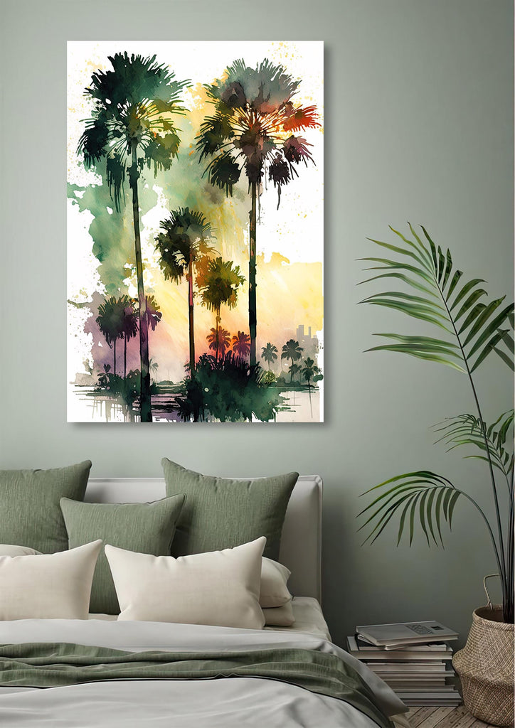 Palm Tree Sunset Art Print Watercolor Coastal Wall Art Nature Inspired Gift Tropical Beach House Home Decor