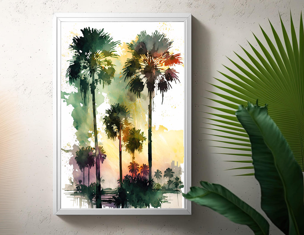 Palm Tree Sunset Art Print Watercolor Coastal Wall Art Nature Inspired Gift Tropical Beach House Home Decor
