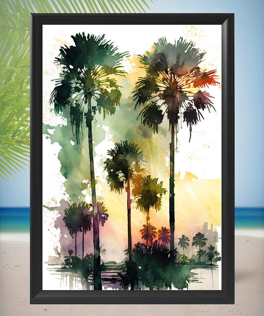 Palm Tree Sunset Art Print Watercolor Coastal Wall Art Nature Inspired Gift Tropical Beach House Home Decor