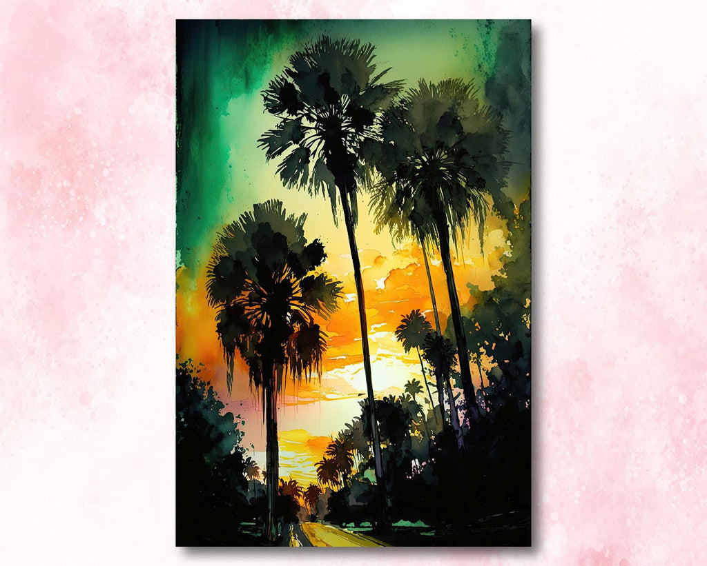 Palm Tree Sunset Art Print Watercolor Coastal Wall Art Nature Inspired Gift Tropical Beach House Home Decor