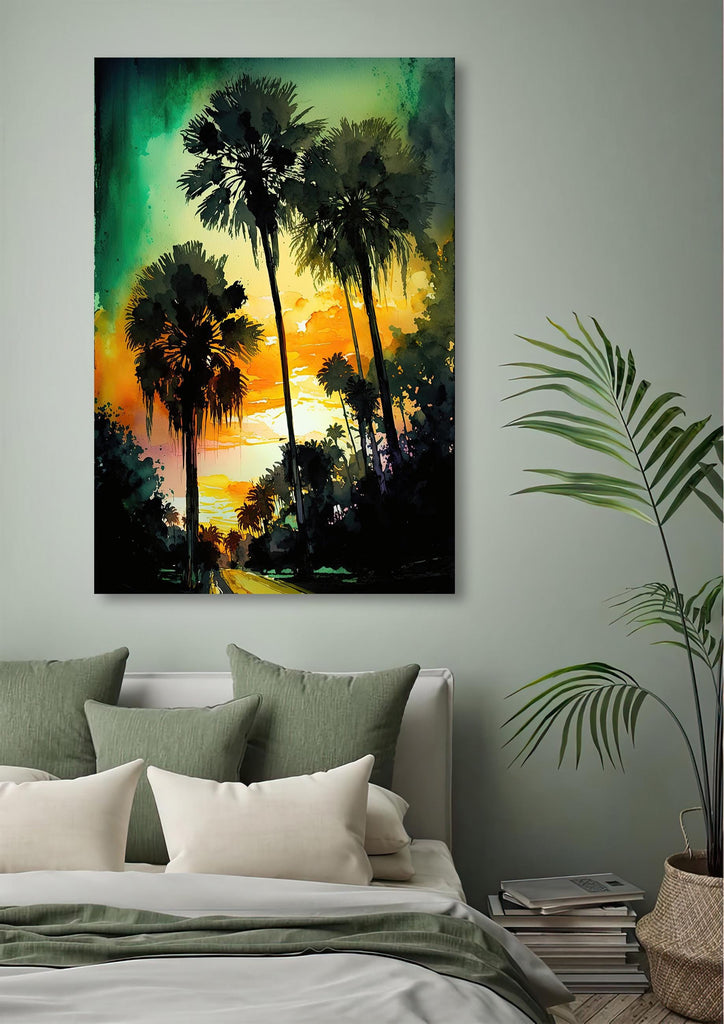 Palm Tree Sunset Art Print Watercolor Coastal Wall Art Nature Inspired Gift Tropical Beach House Home Decor