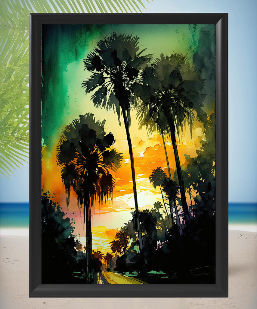 Palm Tree Sunset Art Print Watercolor Coastal Wall Art Nature Inspired Gift Tropical Beach House Home Decor