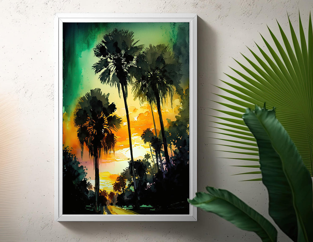 Palm Tree Sunset Art Print Watercolor Coastal Wall Art Nature Inspired Gift Tropical Beach House Home Decor