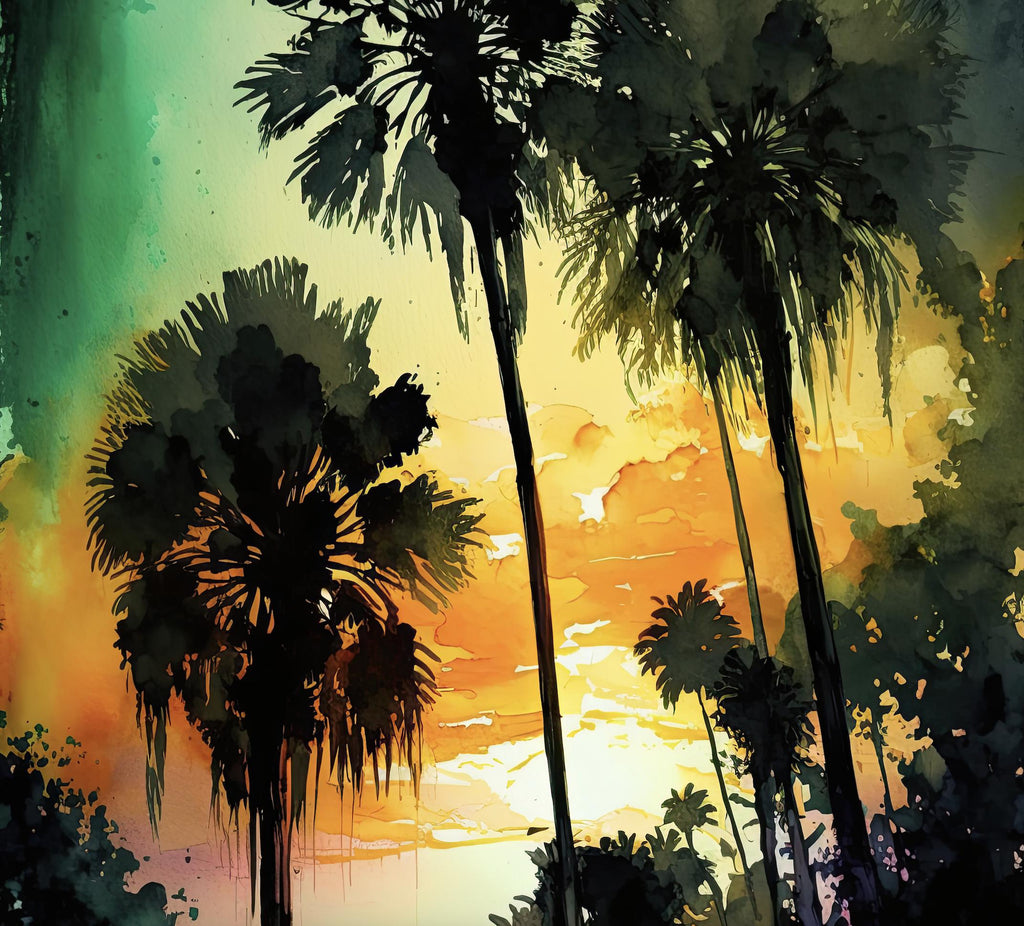 Palm Tree Sunset Art Print Watercolor Coastal Wall Art Nature Inspired Gift Tropical Beach House Home Decor