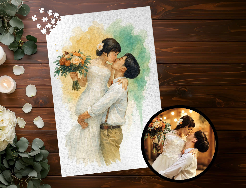 Personalized Bride and Groom Puzzle from Photo, Custom Wedding Watercolor Jigsaw, Romantic Anniversary Keepsake Gift (110 - 1014 pieces)