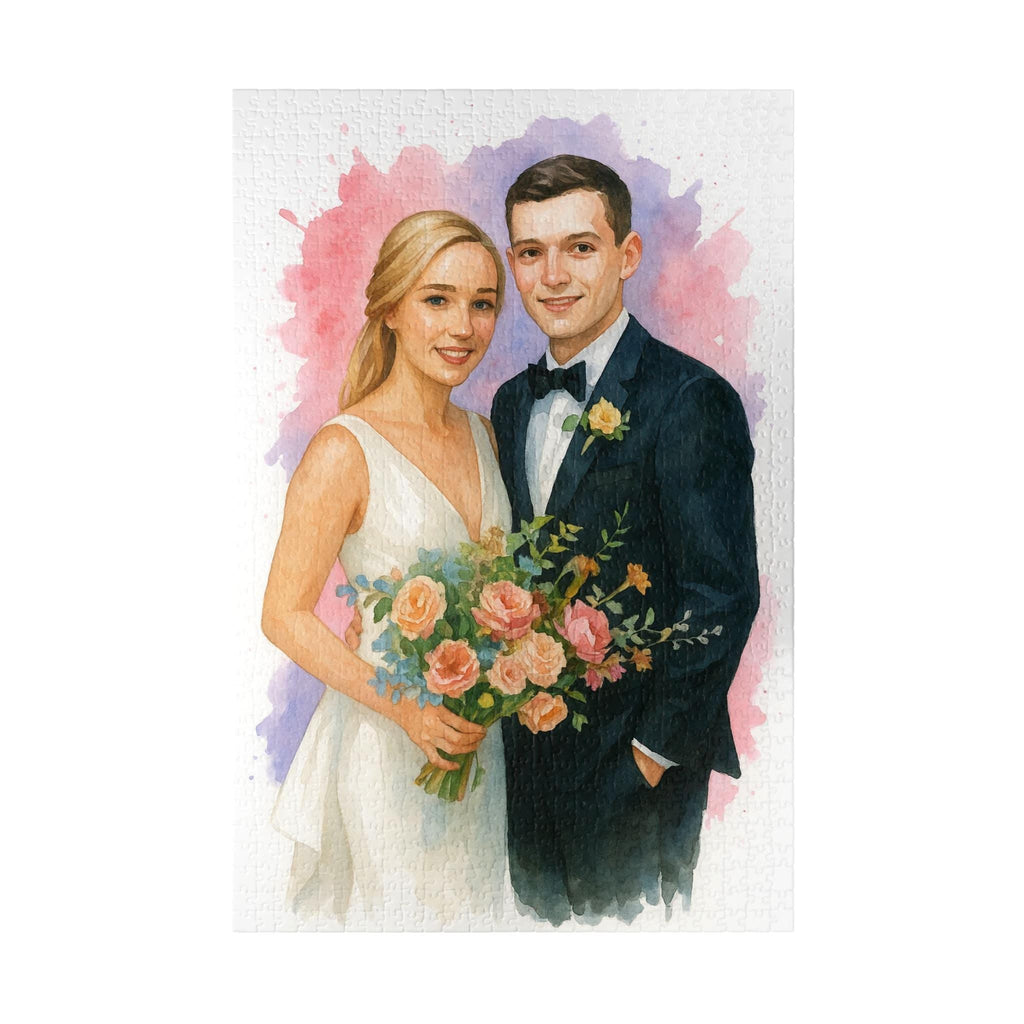 Custom Photo Wedding Puzzle, Watercolor Bride and Groom Jigsaw, Personalized Anniversary or Newlywed Keepsake Gift (110 - 1014 pieces)