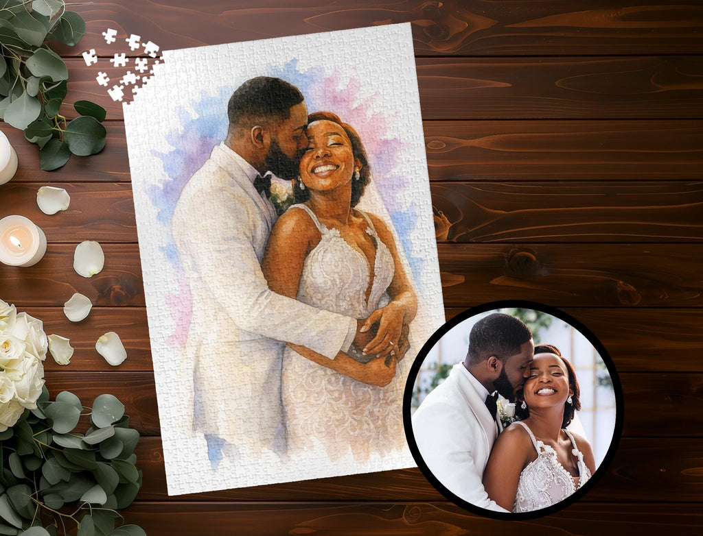Custom Photo Wedding Puzzle, Watercolor Bride and Groom Jigsaw, Personalized Anniversary or Newlywed Keepsake Gift (110 - 1014 pieces)