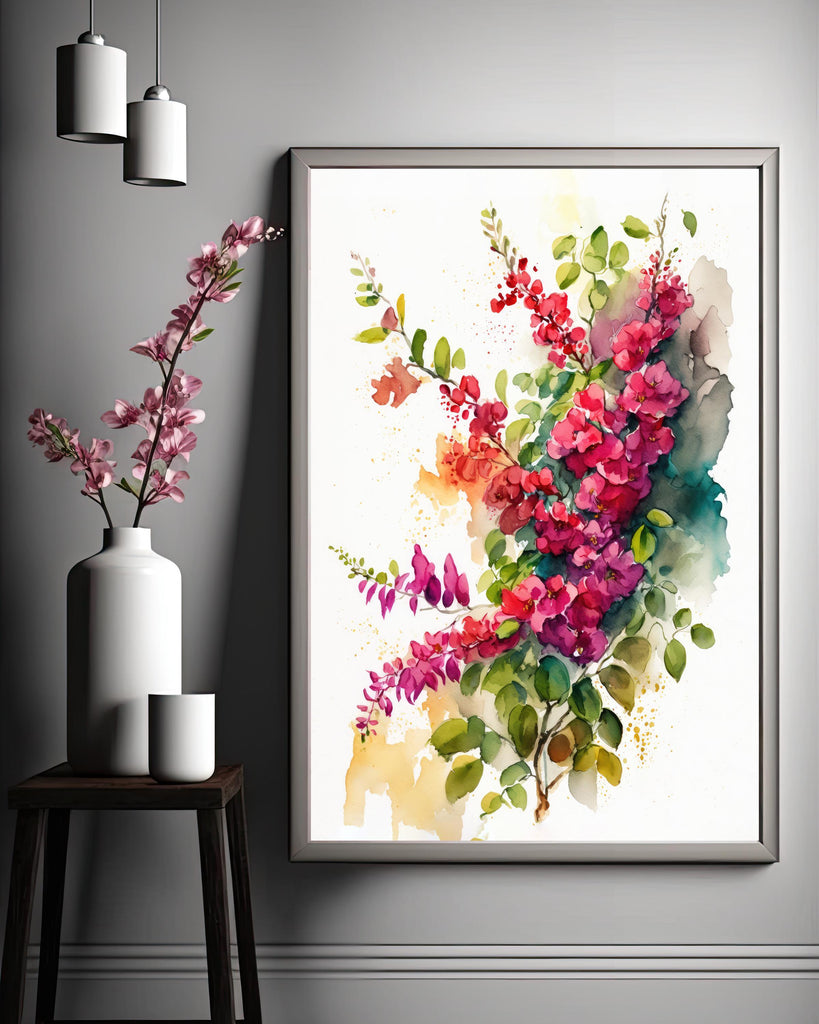 Bougainvillea Vines Watercolor Painting Floral Print Mediterranean Botanical Wall Art Magenta Tropical Flowers Gift Nature Inspired Decor