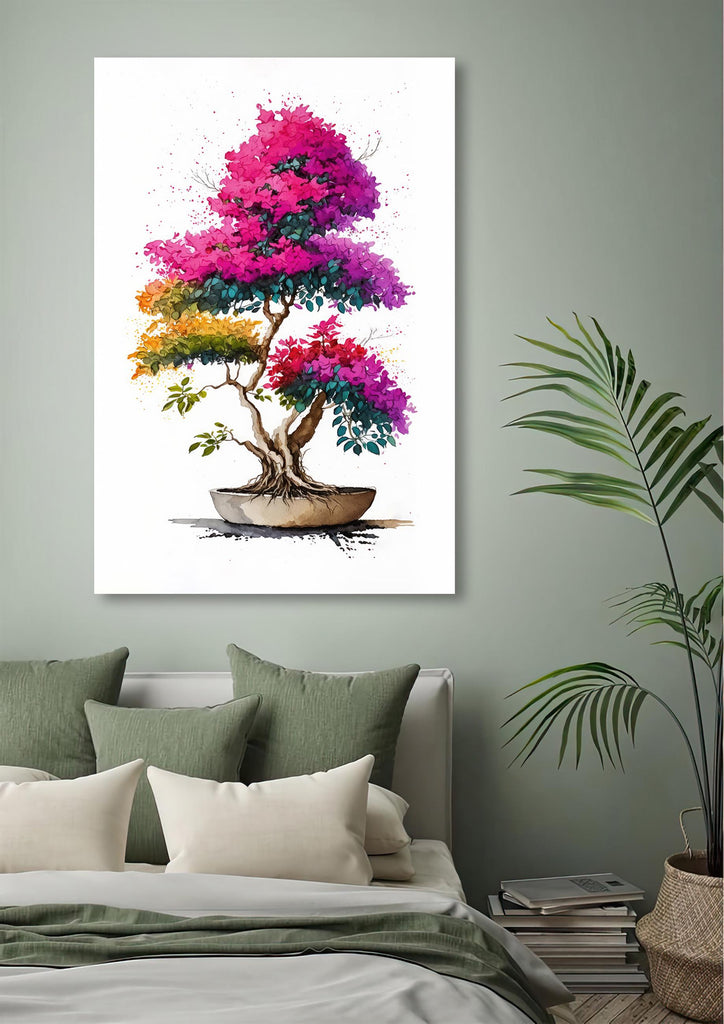 Bougainvillea Bonsai Vine Watercolor Painting Floral Print Mediterranean Botanical Wall Art Magenta Tropical Flowers Nature Inspired Decor