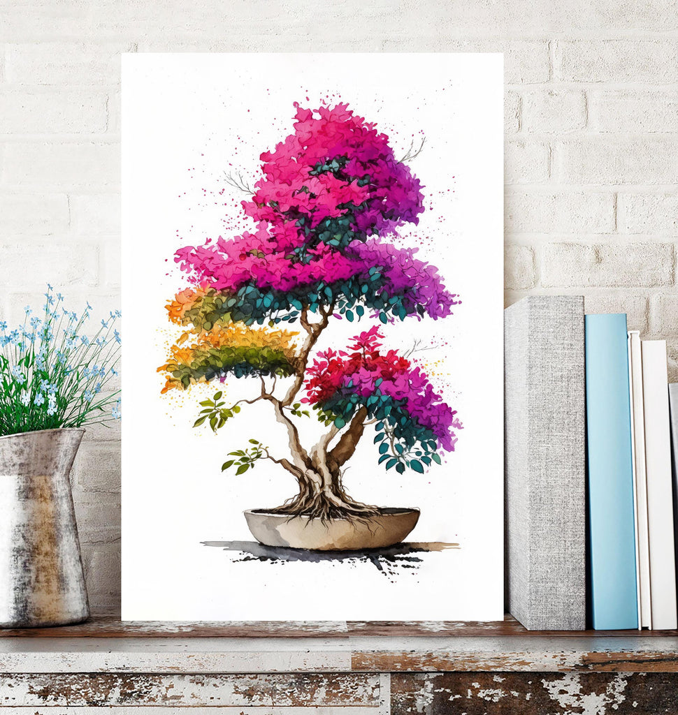 Bougainvillea Bonsai Vine Watercolor Painting Floral Print Mediterranean Botanical Wall Art Magenta Tropical Flowers Nature Inspired Decor