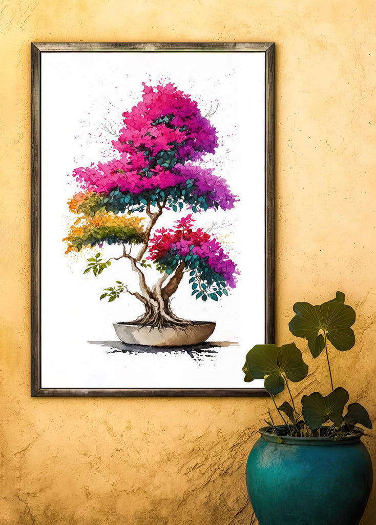 Bougainvillea Bonsai Vine Watercolor Painting Floral Print Mediterranean Botanical Wall Art Magenta Tropical Flowers Nature Inspired Decor