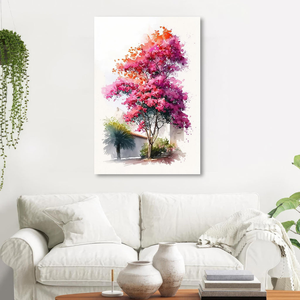 Bougainvillea Bonsai Vine Watercolor Painting Floral Print Mediterranean Botanical Wall Art Magenta Tropical Flowers Nature Inspired Decor