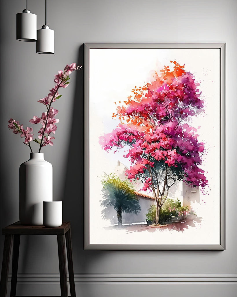 Bougainvillea Bonsai Vine Watercolor Painting Floral Print Mediterranean Botanical Wall Art Magenta Tropical Flowers Nature Inspired Decor