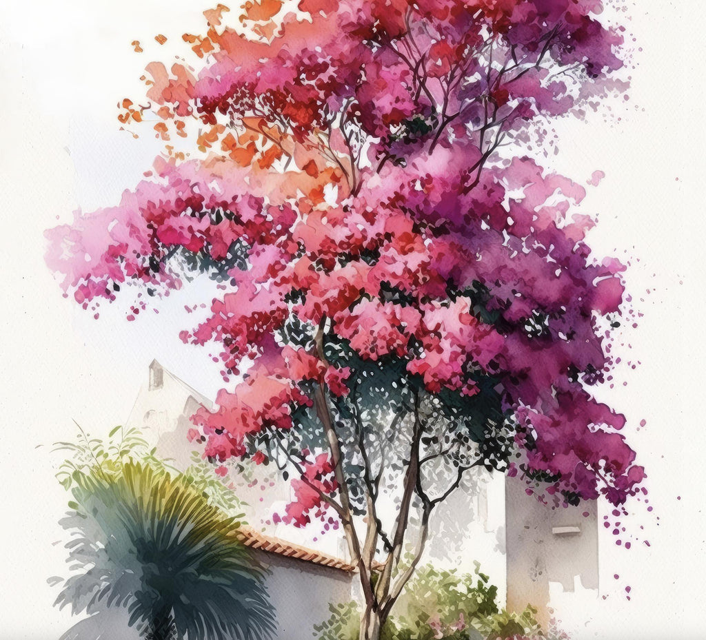 Bougainvillea Bonsai Vine Watercolor Painting Floral Print Mediterranean Botanical Wall Art Magenta Tropical Flowers Nature Inspired Decor