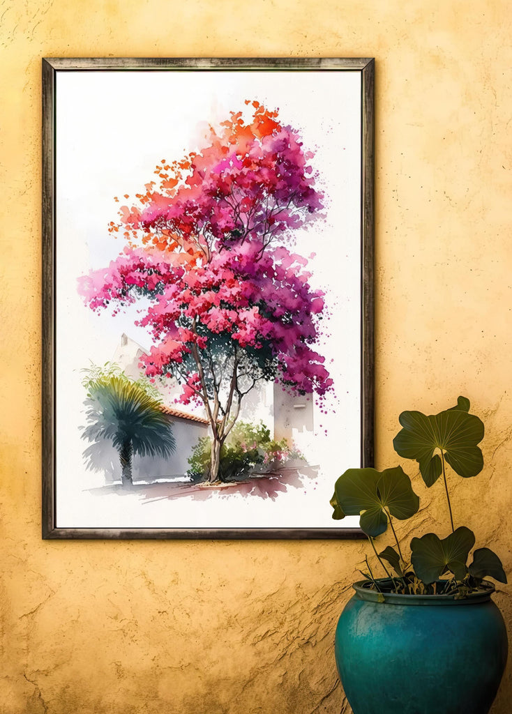 Bougainvillea Bonsai Vine Watercolor Painting Floral Print Mediterranean Botanical Wall Art Magenta Tropical Flowers Nature Inspired Decor