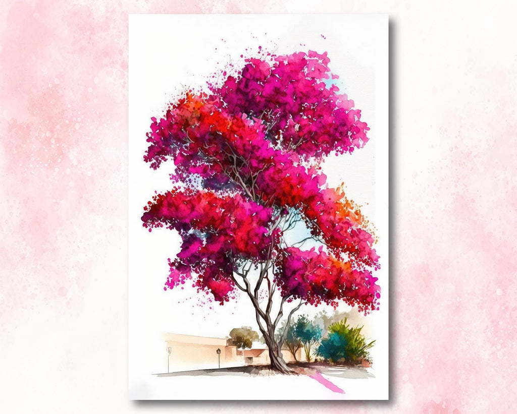 Bougainvillea Bonsai Vine Watercolor Painting Floral Print Mediterranean Botanical Wall Art Magenta Tropical Flowers Nature Inspired Decor