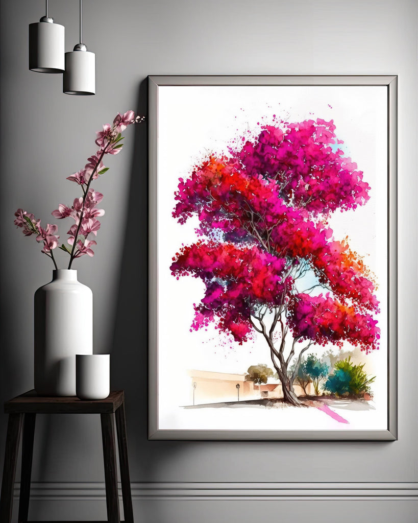 Bougainvillea Bonsai Vine Watercolor Painting Floral Print Mediterranean Botanical Wall Art Magenta Tropical Flowers Nature Inspired Decor