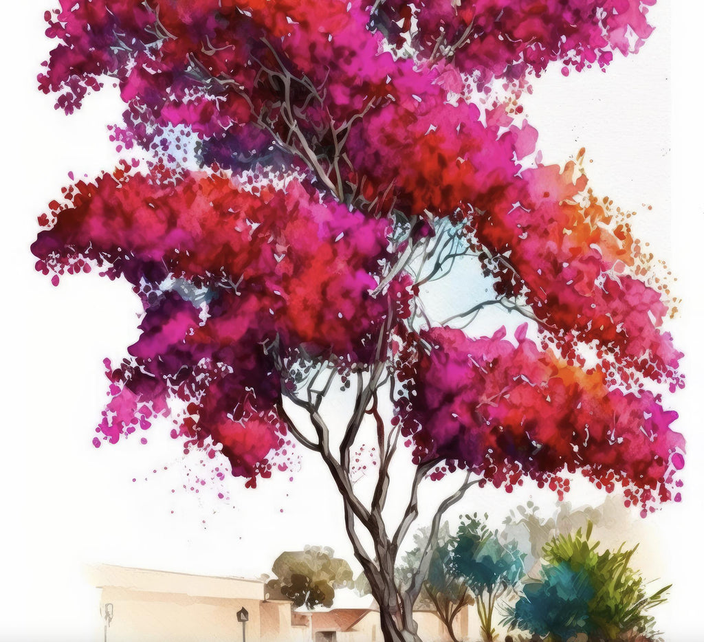 Bougainvillea Bonsai Vine Watercolor Painting Floral Print Mediterranean Botanical Wall Art Magenta Tropical Flowers Nature Inspired Decor