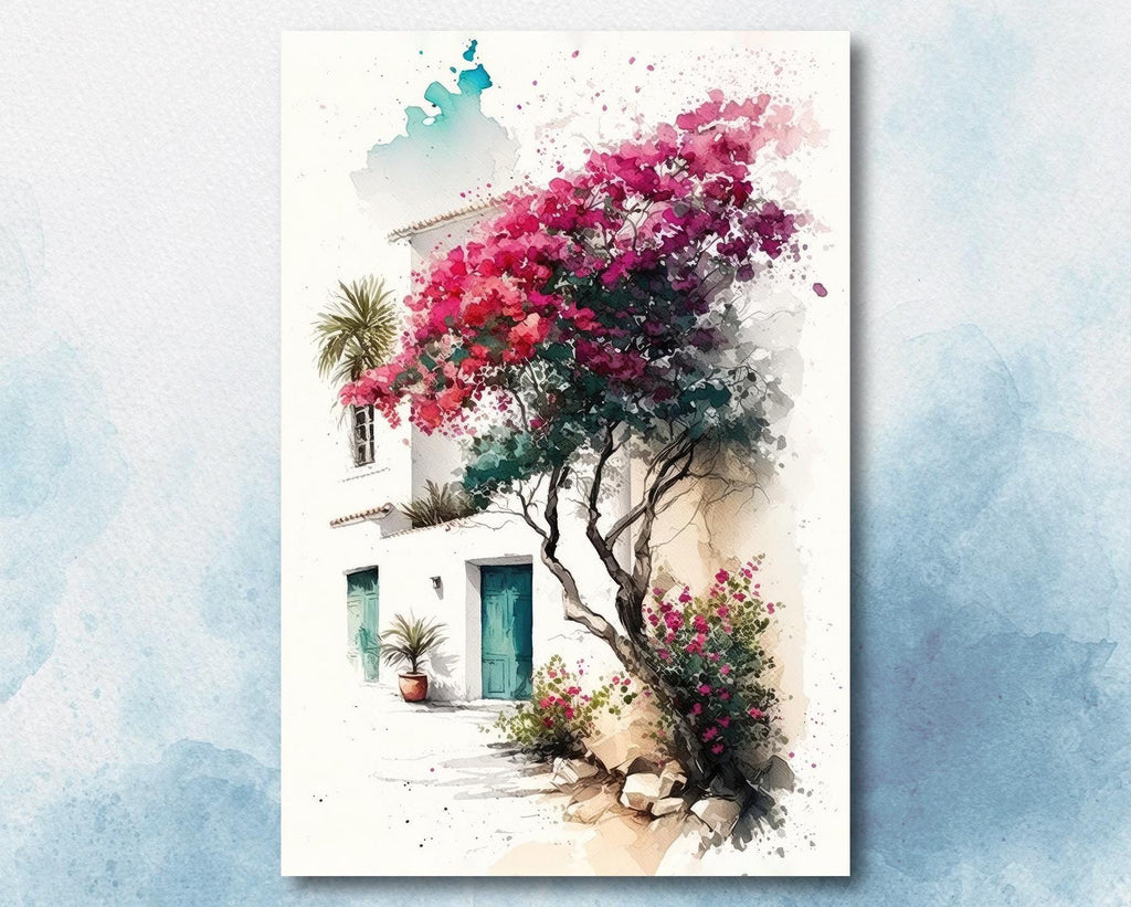 Bougainvillea Bonsai Vine Watercolor Painting Floral Print Mediterranean Botanical Wall Art Magenta Tropical Flowers Nature Inspired Decor